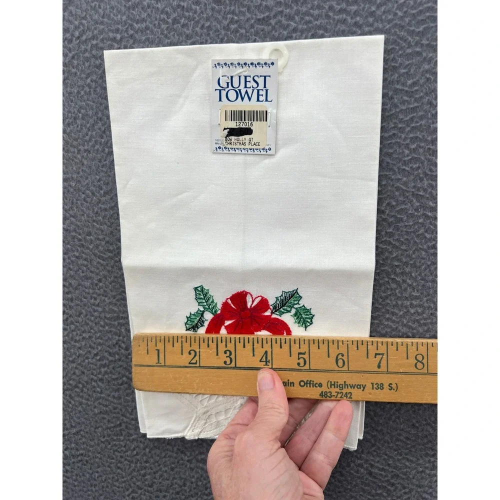 Vintage Christmas Guest Towel White Embroidered Red Bow Holly Lace Trim